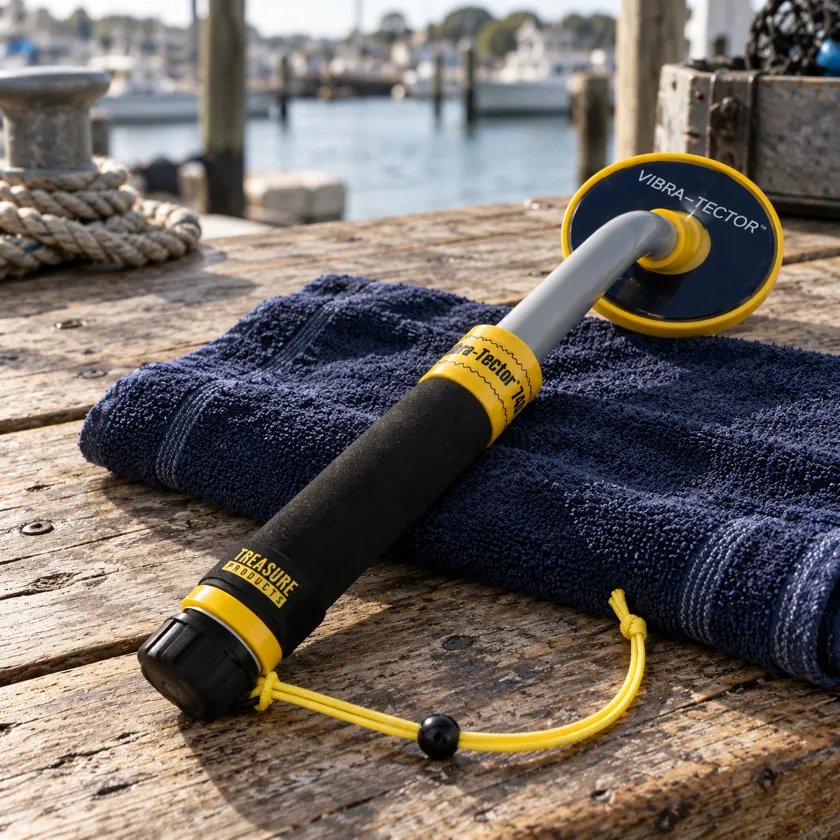 Generated product image of Vibra Tector 740 resting on a coastal equipment-preparation bench